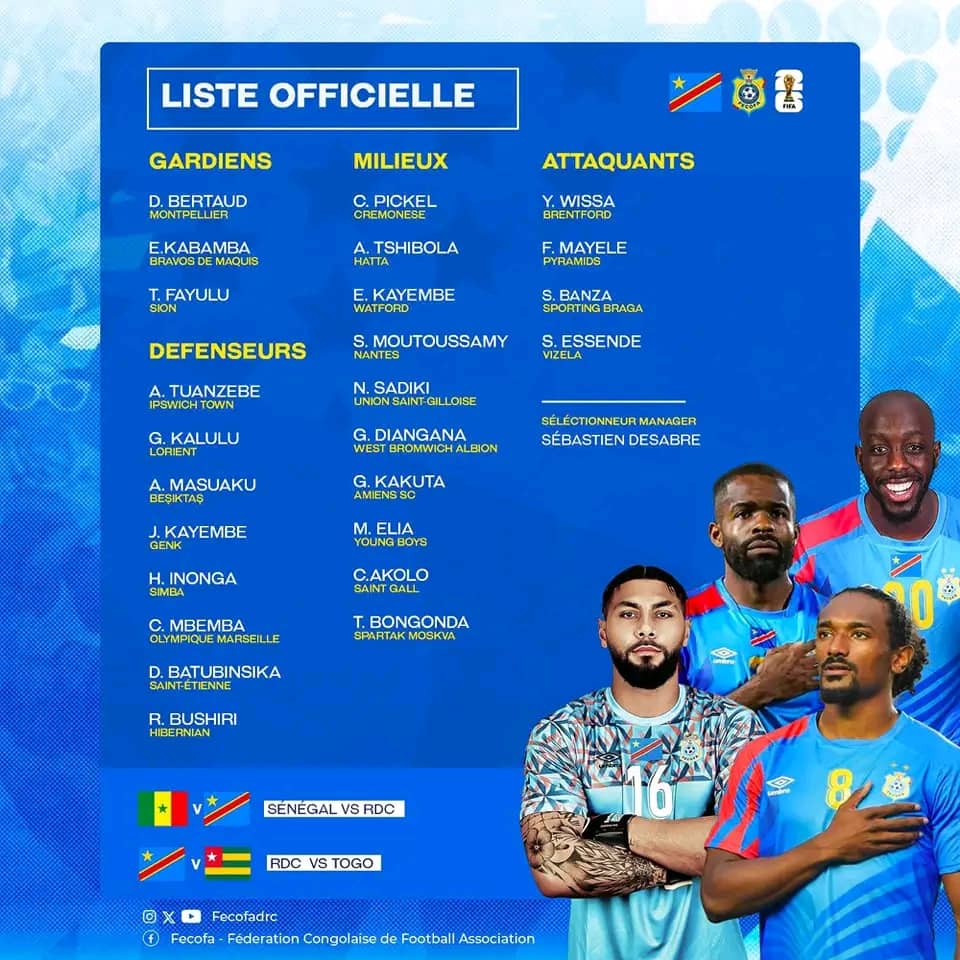 Eliminatoires mondial 2026: voici la liste des élus de Desabre face au Sénégal et au Togo.